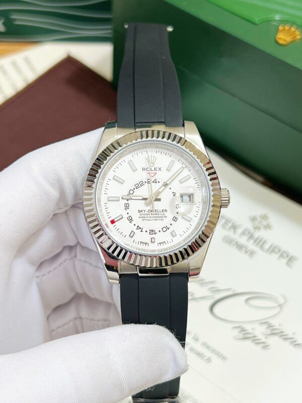 Đồng hồ Rolex Sky-Dweller cao cấp mặt trắng dây cao su 41mm - patek seiko omega rado sk hublot orient rolex patek philippe longine