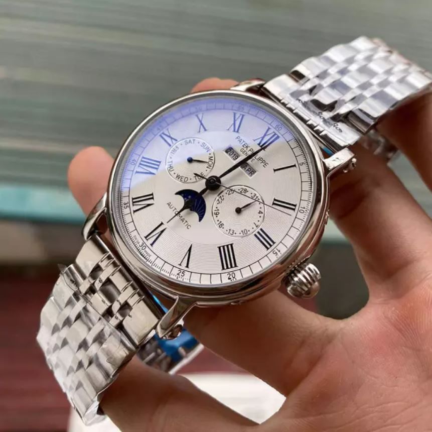 Patek Philippe -Automatic Perpetual Calender White Brown Leather Dây Kim Loại