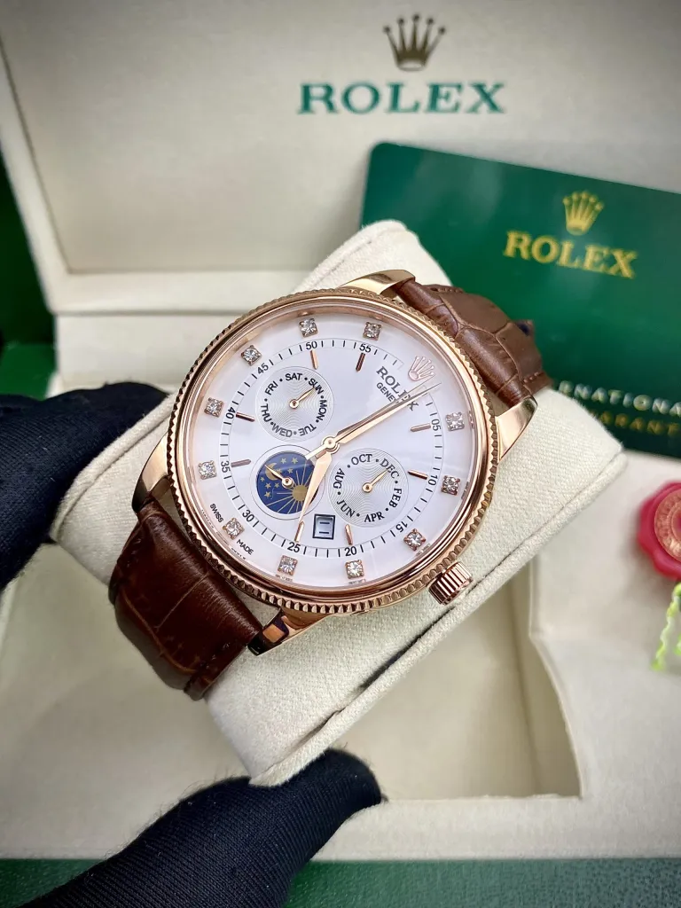 Đồng hồ nam cao cấp Rolex SUN & MON -  đồng hồ nam dây da LEXO0180-máy cơ-size 40mm - patek seiko omega rado hublot orient rolex patek philippe
