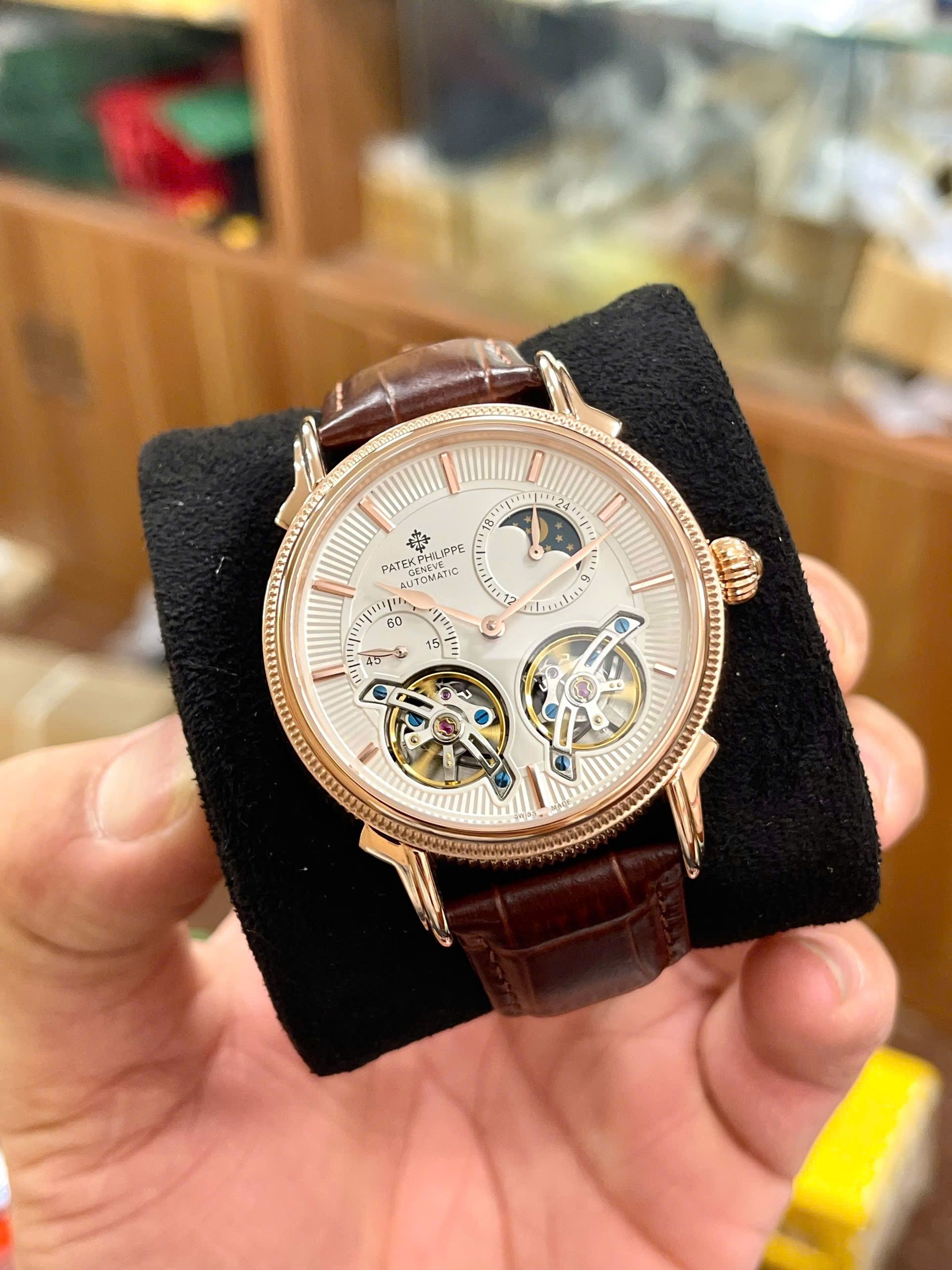 Đồng hồ cơ Patek Philippe Automatic cao cấp Nhật hai máy 4 kim dây da 42mm - patek seiko omega rado sk hublot orient rolex patek philippe longine